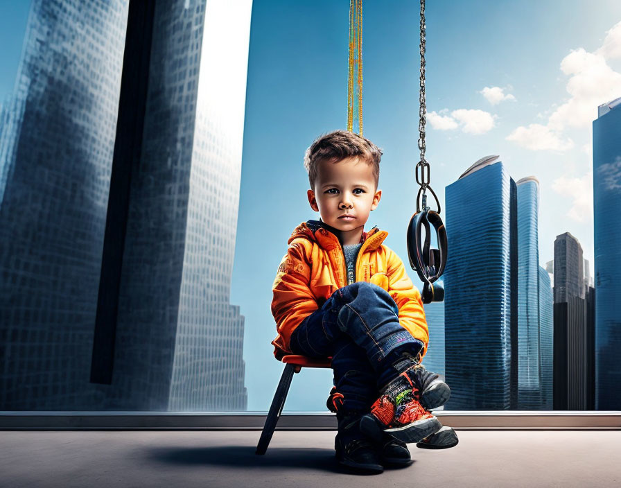 Child on swing among skyscrapers under blue sky