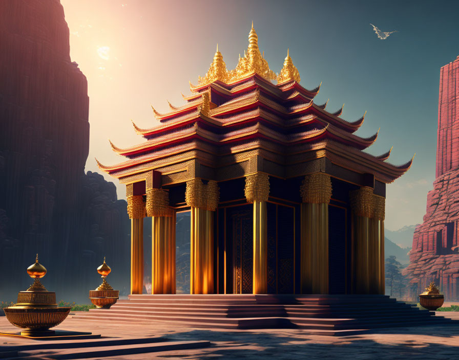 Golden temple with traditional architecture against towering cliffs and clear sky in digital artwork.