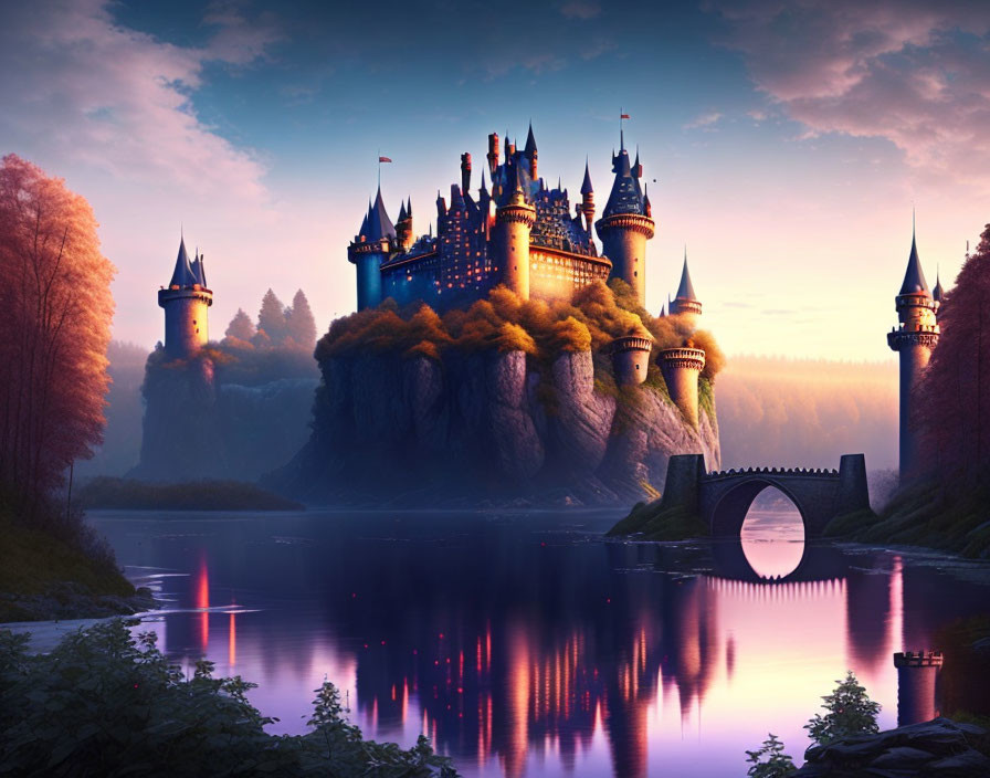 Majestic castle on steep cliff with spires, forest, and lake at dusk