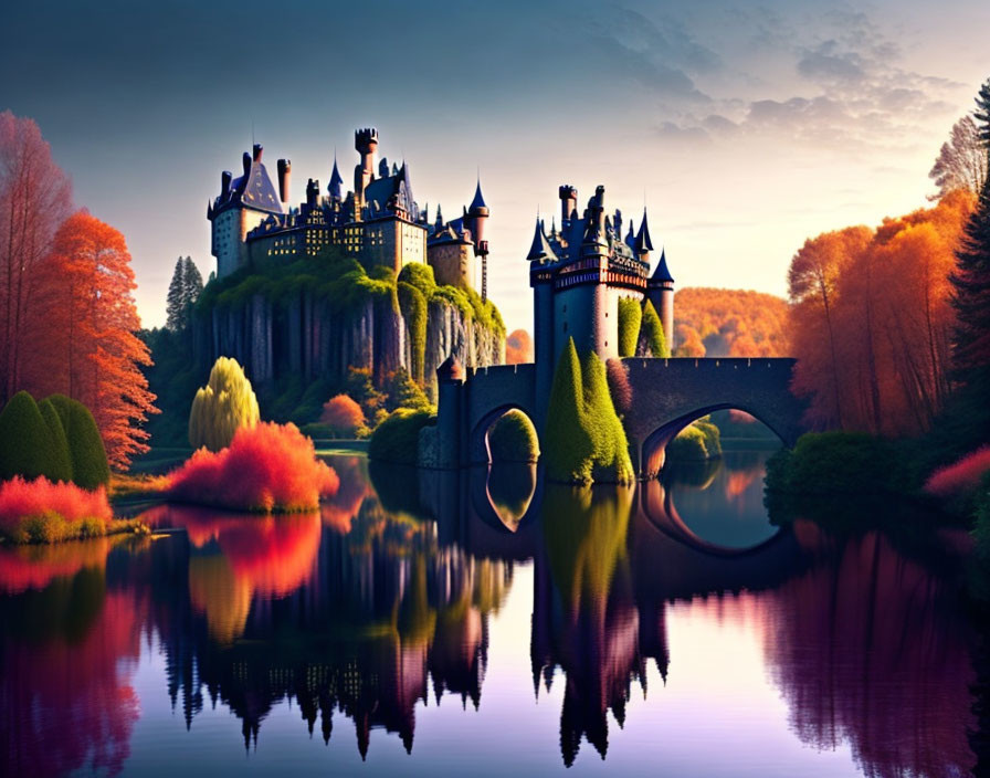 Castle with spires and autumn trees reflected on lake at sunset