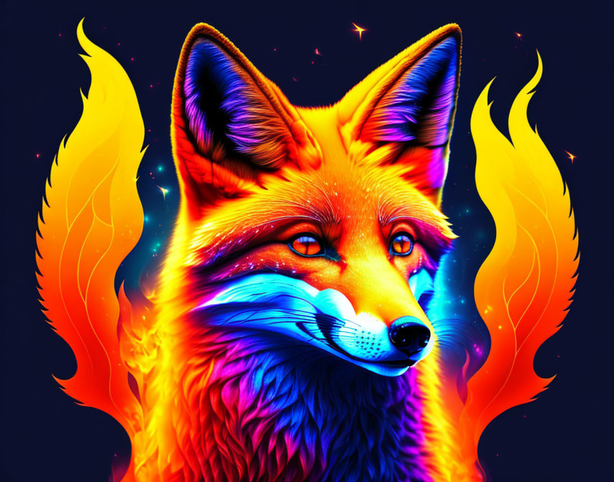 Vibrant digital art: Fox with fiery fur in cosmic flames