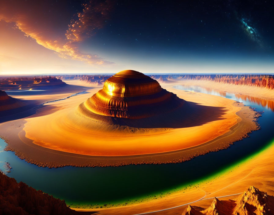 Surreal landscape with central mound and water under twilight sky