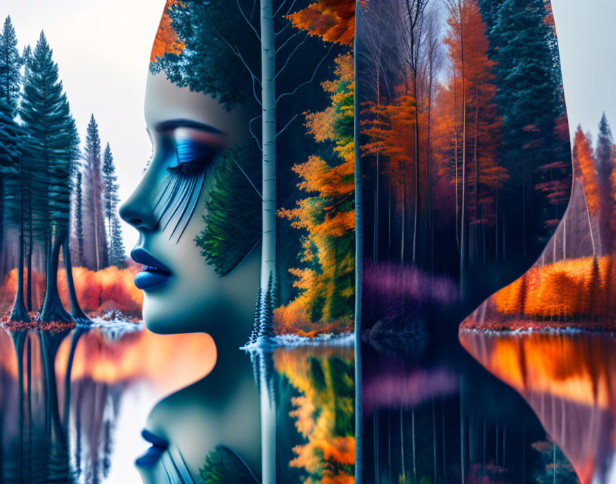 Woman's profile merges with autumn forest in surreal image