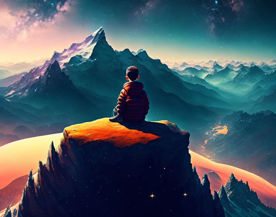 Person sitting on cliff edge watching surreal colorful mountain landscape