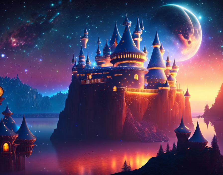 Digital Art: Fairytale Castle Night Scene with Moon and Stars