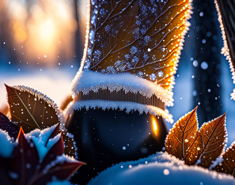 Snowy leaves and comb with bokeh glow - cold and cozy ambiance