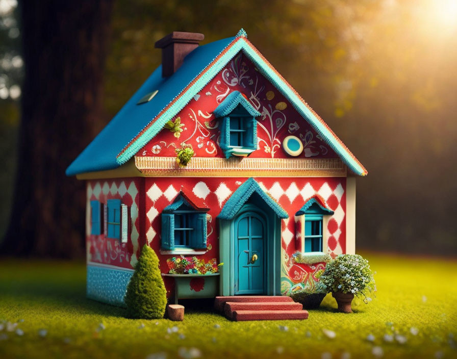 Colorful Miniature House with Red Roof and Blue Door in Lush Greenery