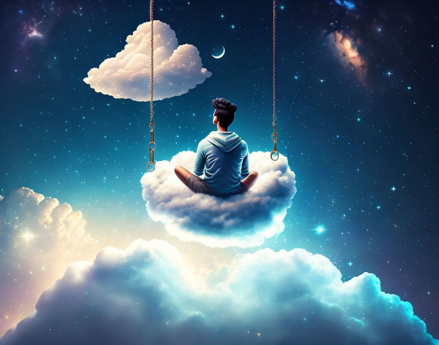 Person sitting on cloud swing in starry night sky with moon and stars.