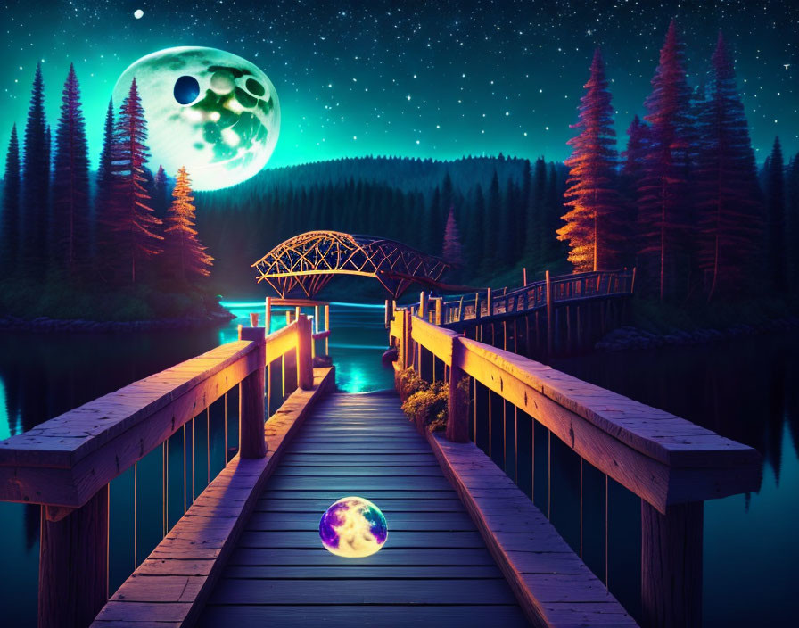 Serene lake nightscape with moon, bridge, and pine trees