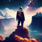 Hiker on Rocky Peak Under Starry Sky and Cosmic Nebula