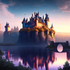 Mystical castle with illuminated windows reflected in tranquil river at dusk