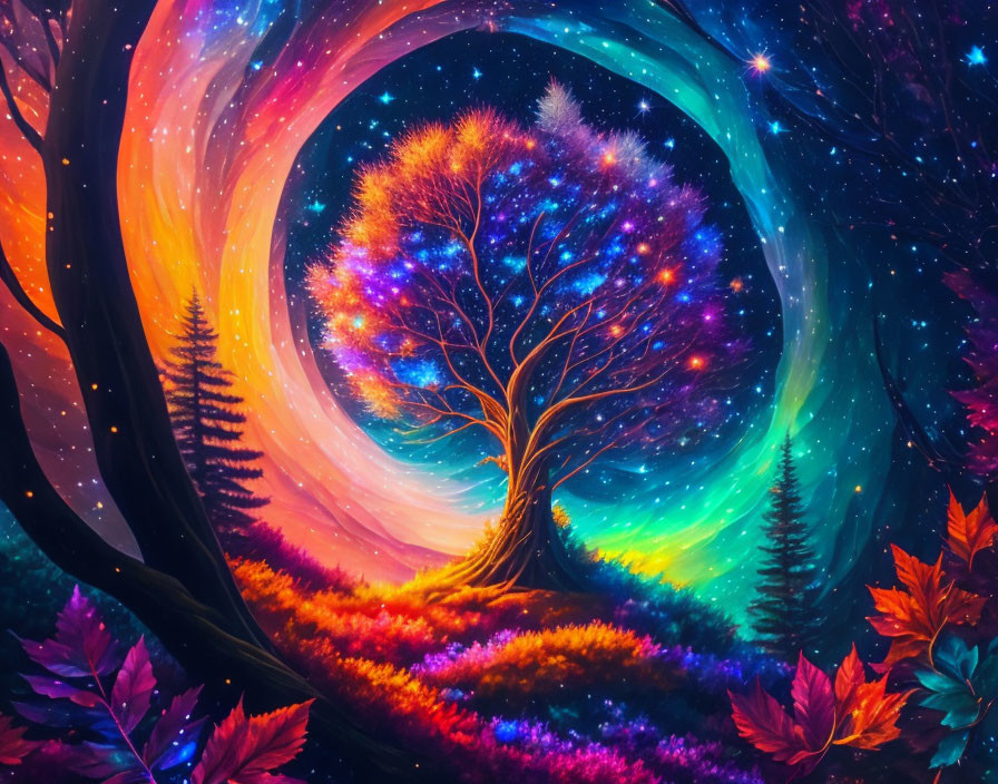 Colorful Tree in Cosmic Setting with Luminescent Foliage