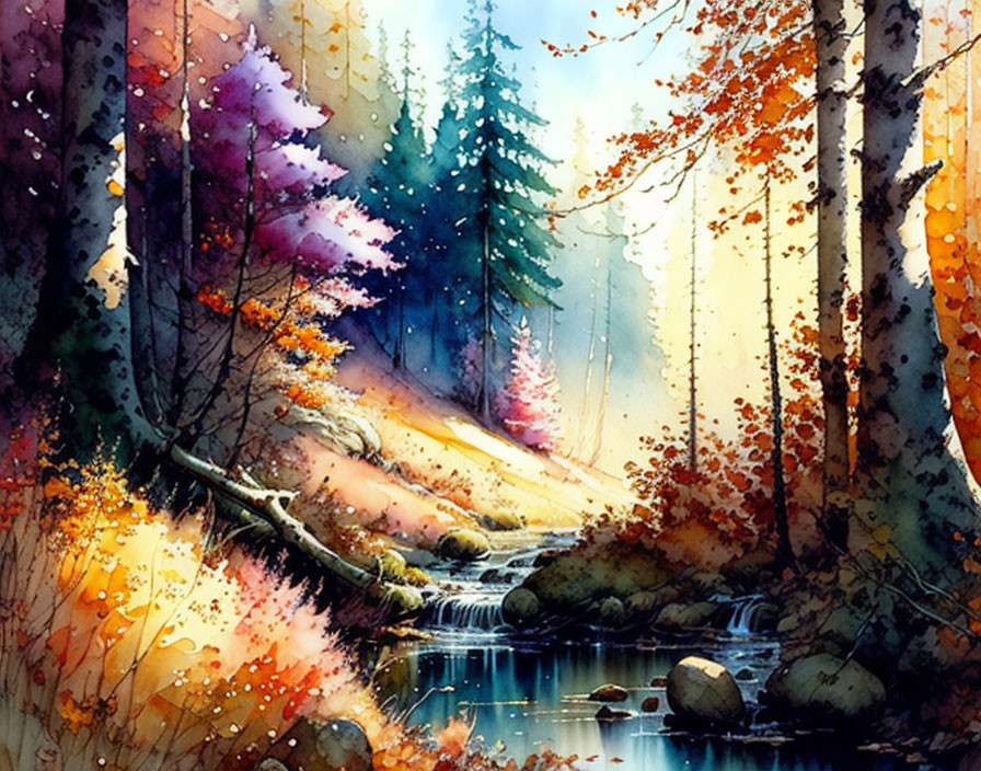 Serene forest scene with autumn trees and stream