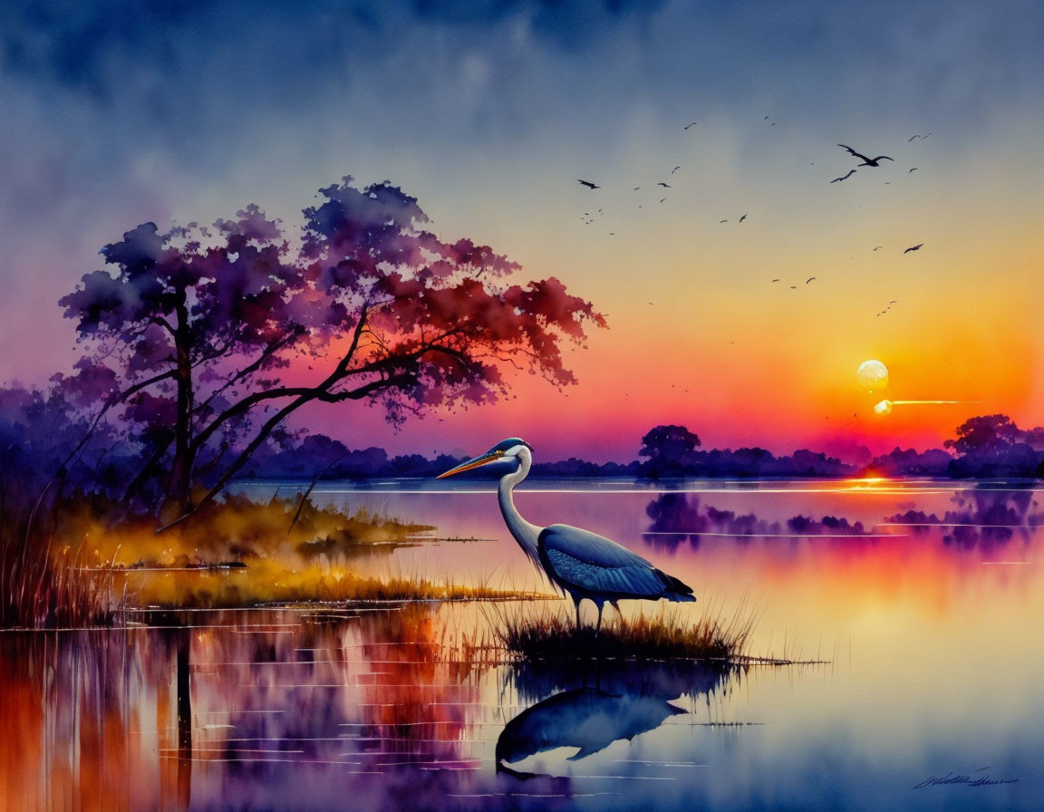 Serene sunset painting: lake, pelican, silhouetted trees, birds in sky