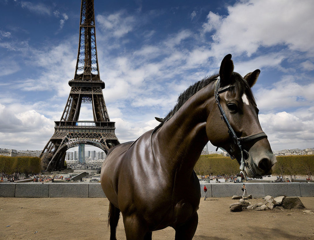 Foreground horse with Eiffel Tower and cloudy skies.