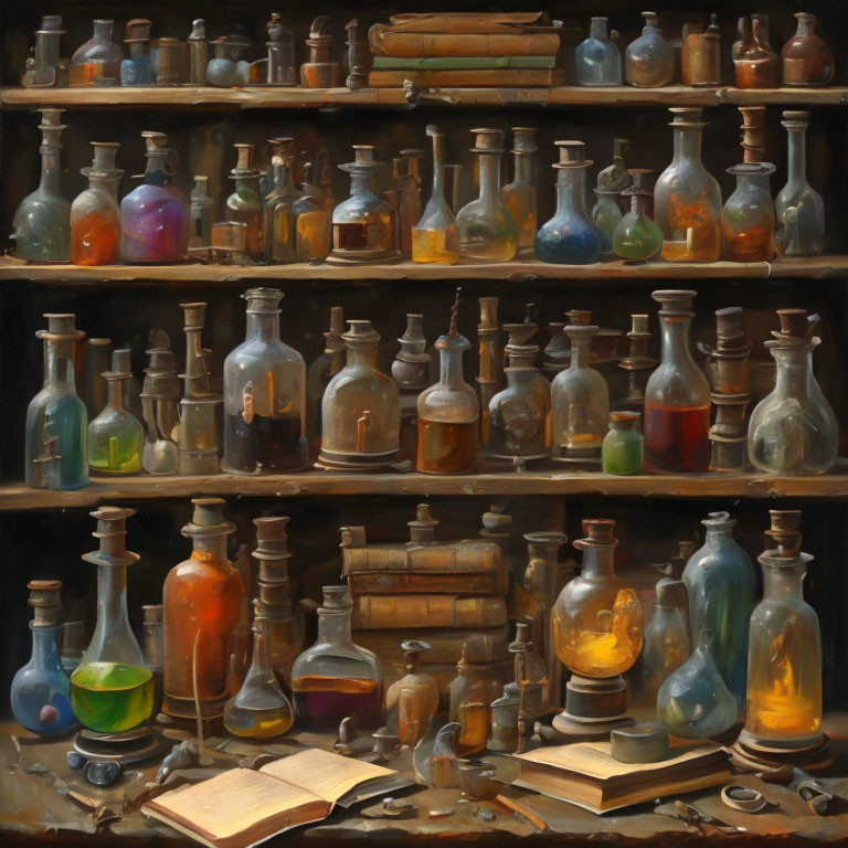 Antique Glass Bottles in Different Colors and Sizes on Wooden Shelves