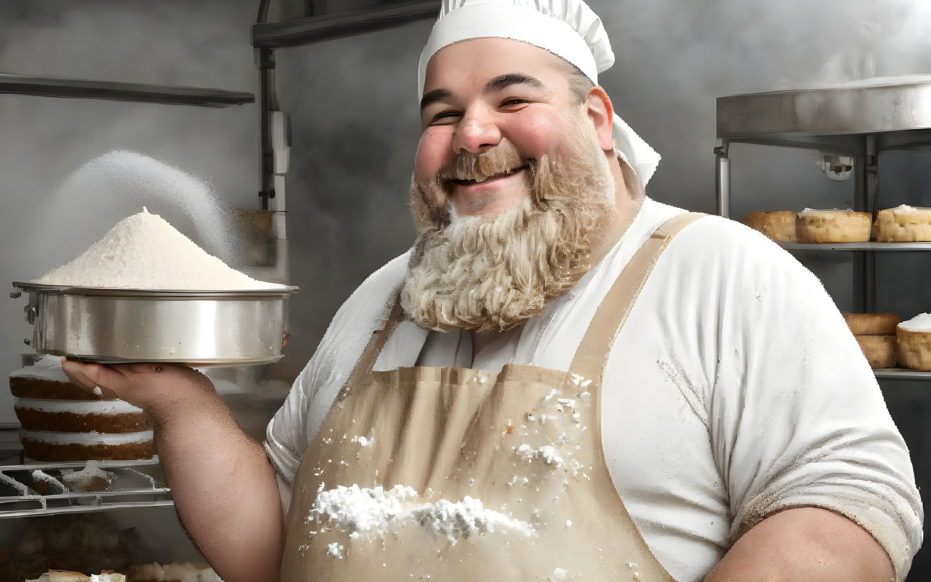 Cheerful baker with flour-dusted apron in bakery kitchen