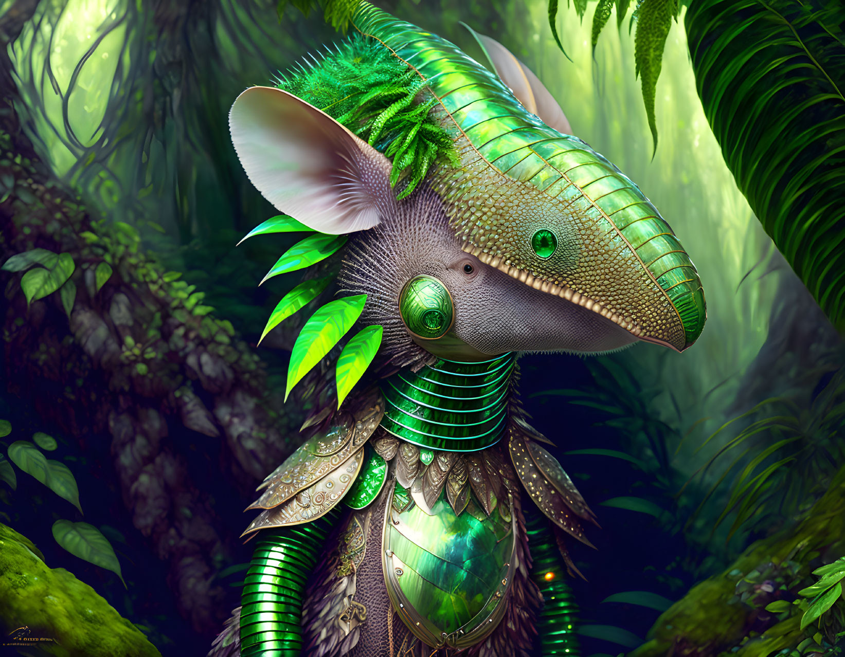 Green-scaled armored creature with leafy protrusions in lush forest