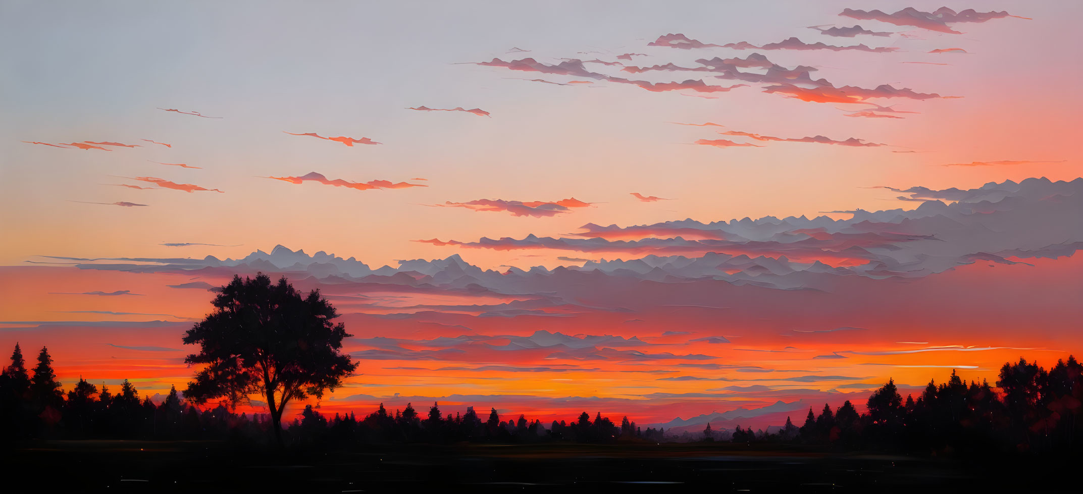 Colorful layered sunset clouds silhouetting treeline at dusk