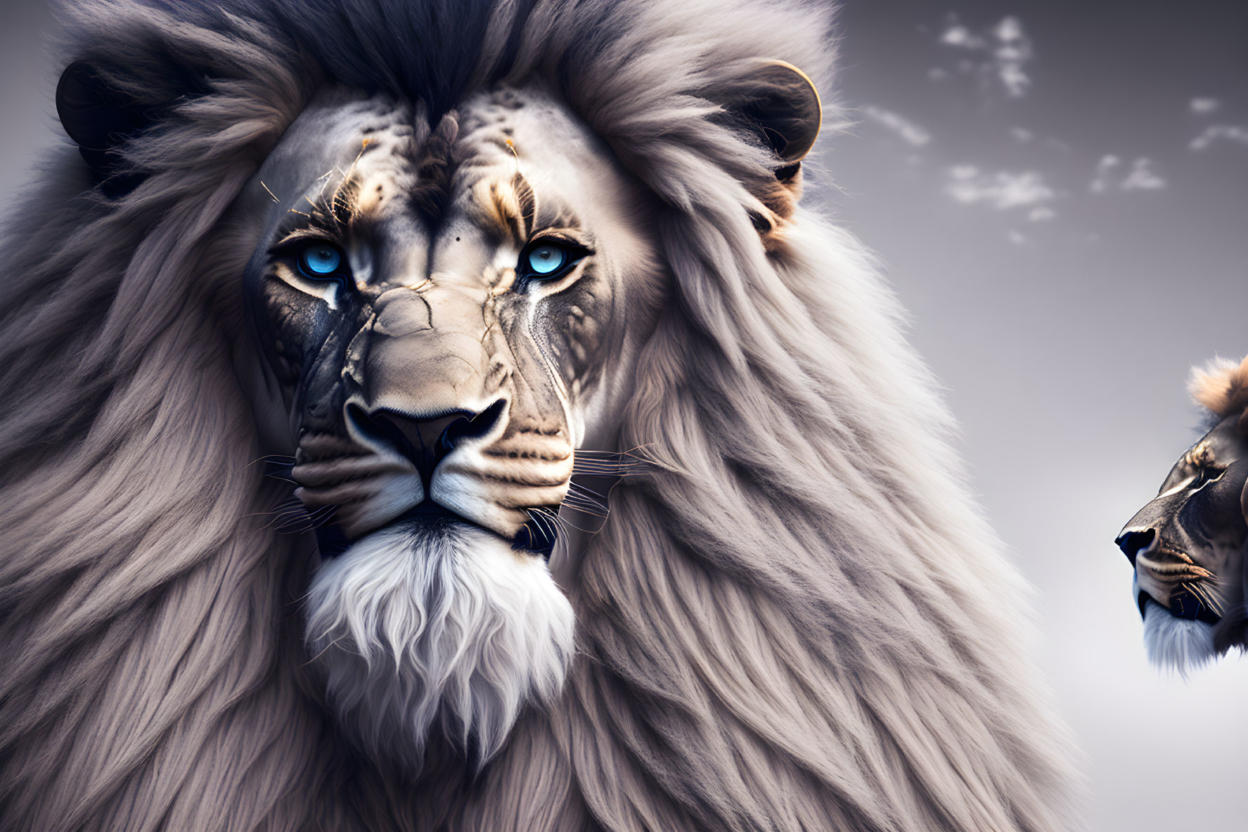 Detailed digital illustration of majestic lion with piercing blue eyes and tribal-like markings