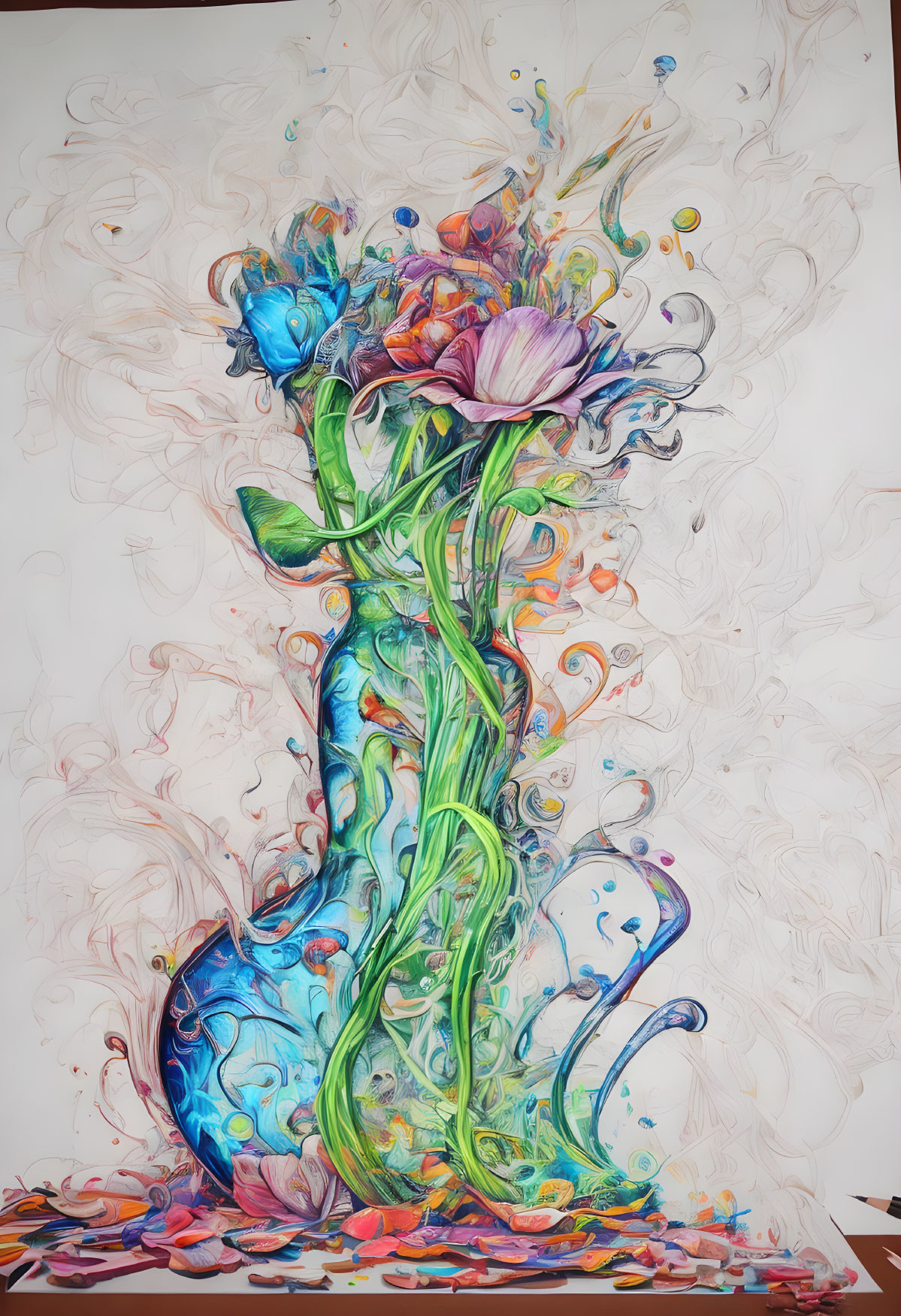 Colorful Abstract Painting: Vibrant Flower Amid Chaotic Swirls