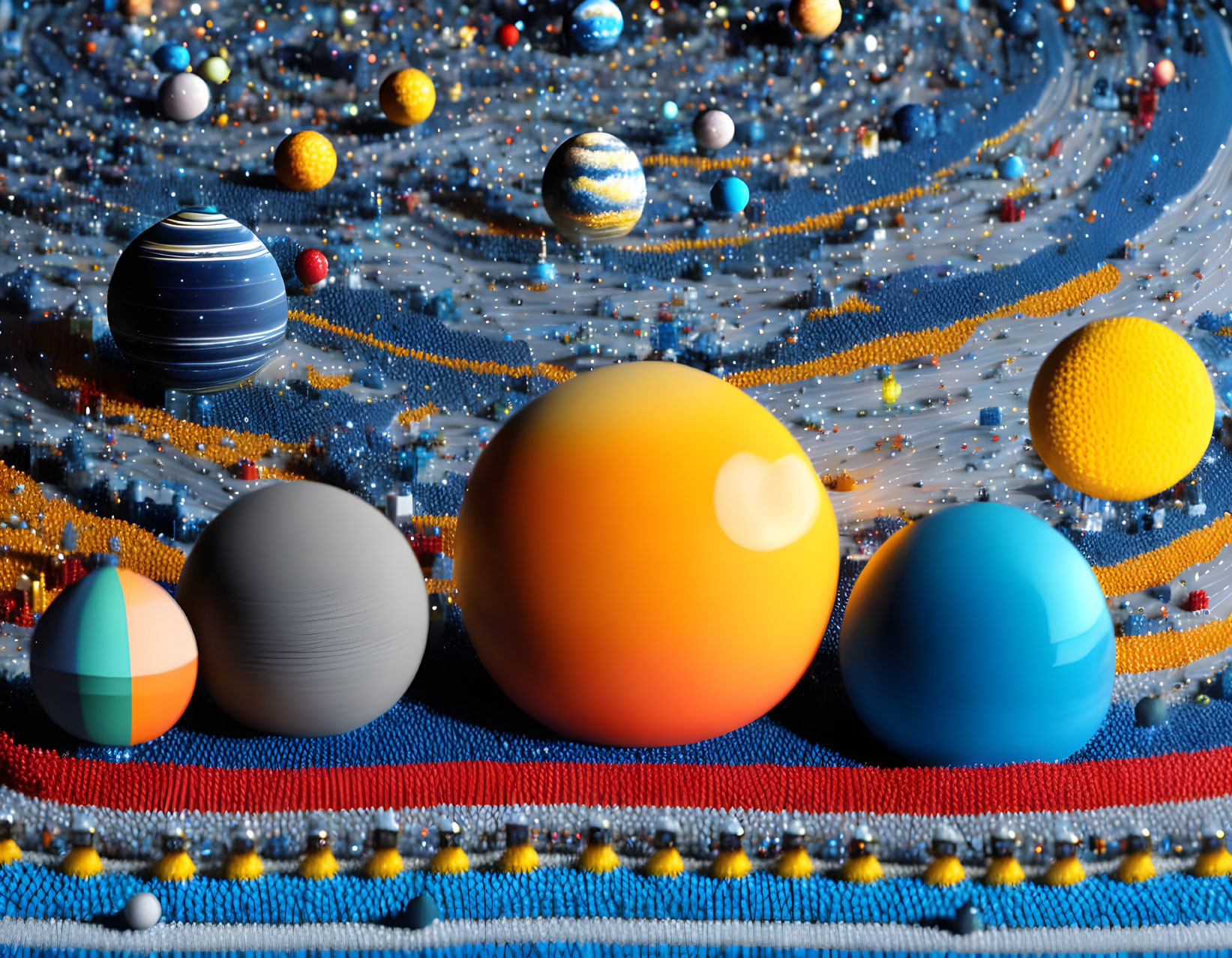 Colorful solar system with textured spheres on starry backdrop