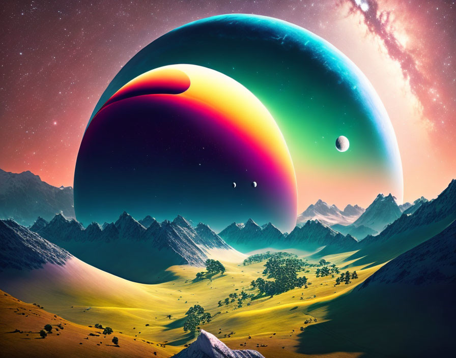 Colorful Ringed Planet Over Sci-Fi Mountain Landscape