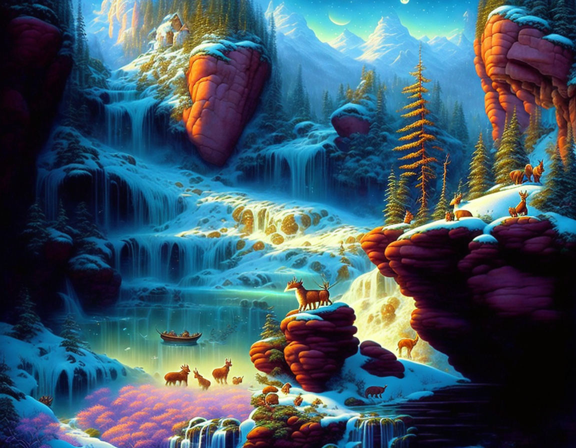 Fantasy landscape with waterfalls, glowing flora, cliffs, wildlife near blue lake at twilight