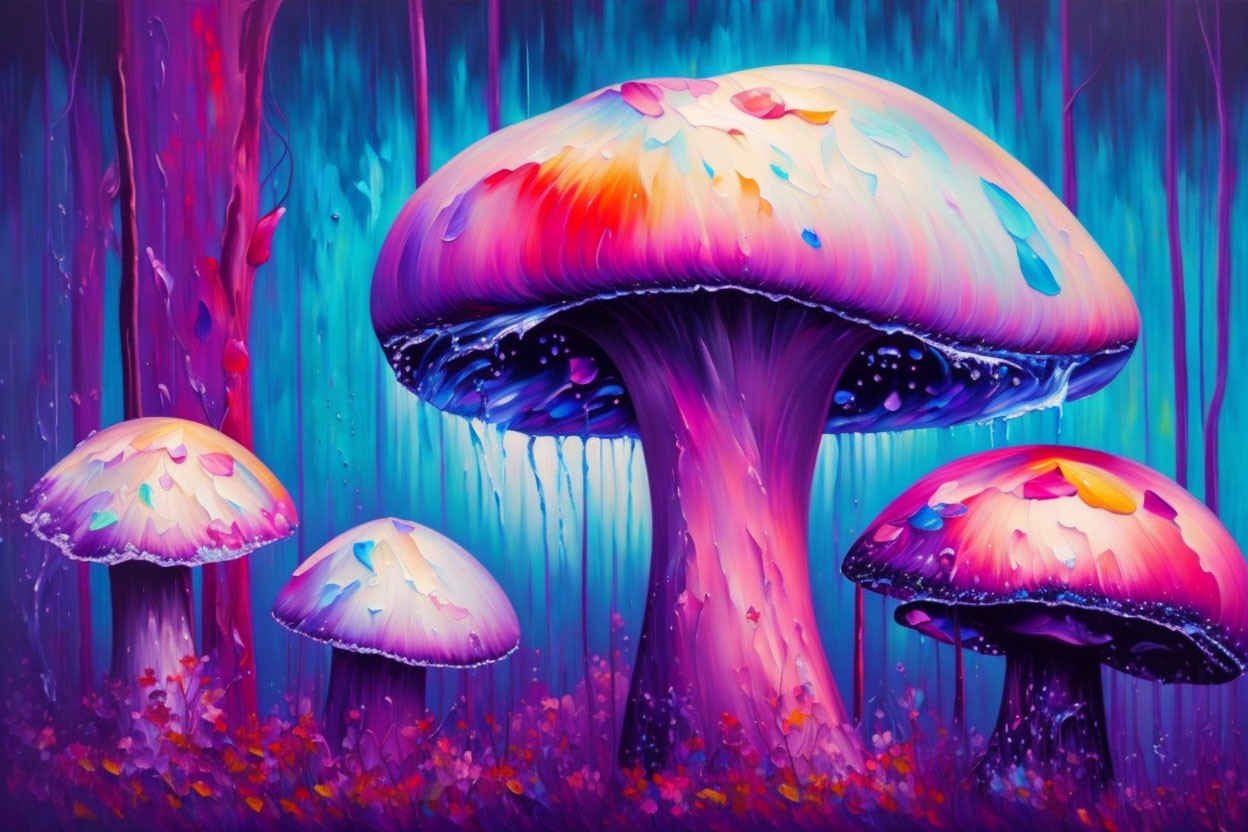 Colorful oversized mushroom digital artwork in neon forest.