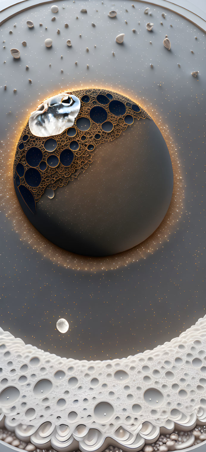 Dark liquid with circular bubbles and frothy texture.