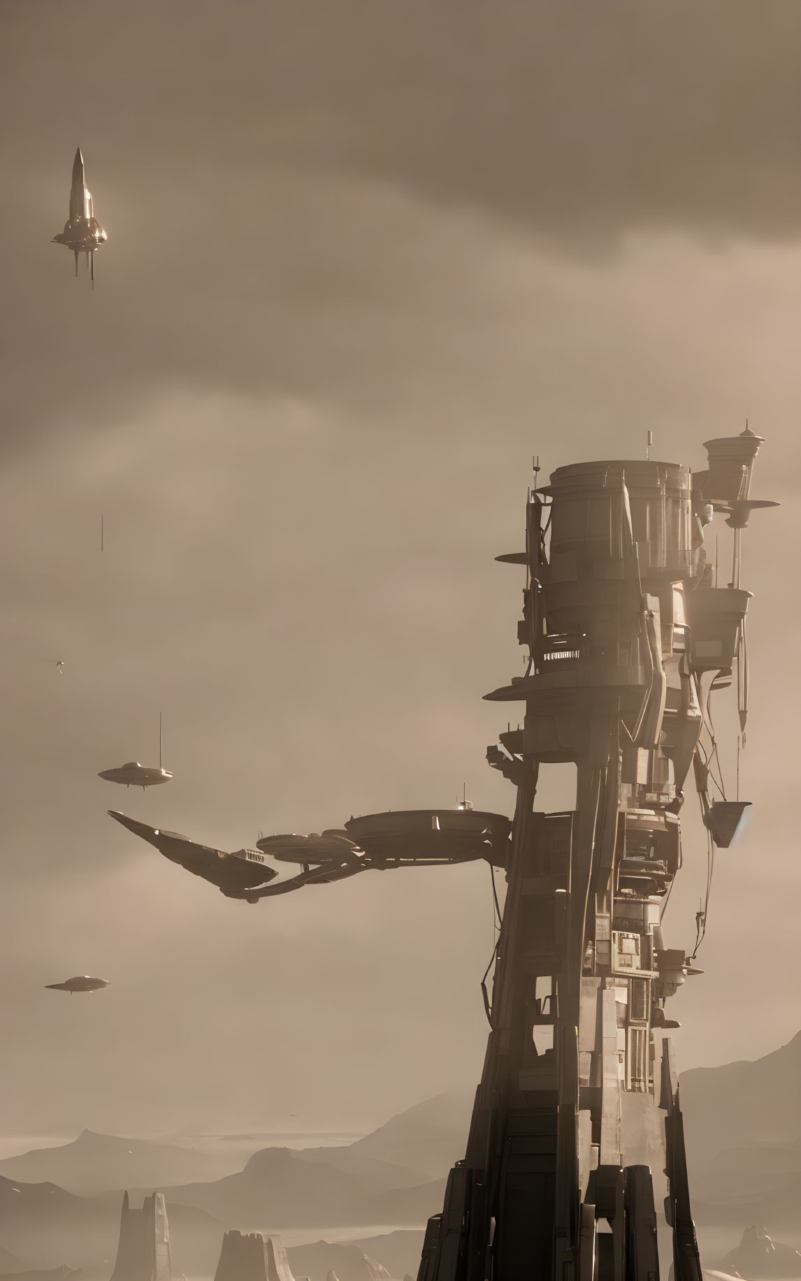 Futuristic dystopian tower with protruding platforms in hazy sky.