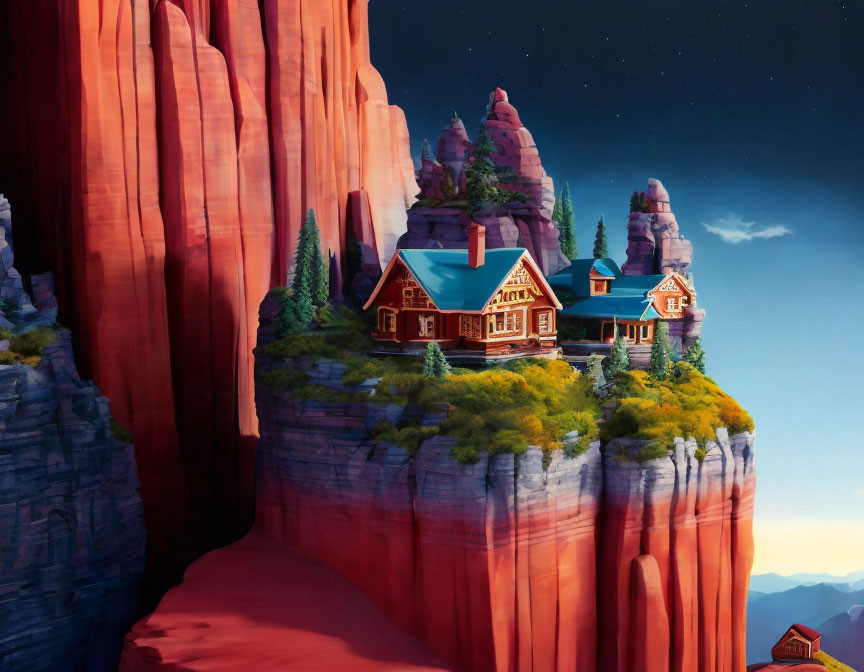 Victorian-style house on red rock cliff at twilight