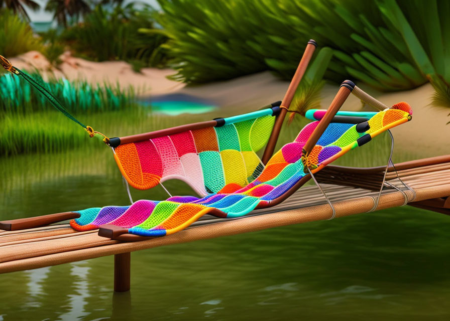 Colorful Woven Hammock Between Bamboo Poles Over Calm Water