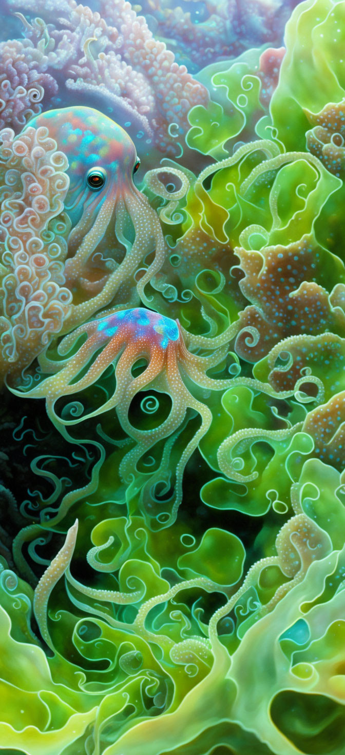 Colorful Octopus in Vibrant Undersea Scene with Coral and Sea Plants