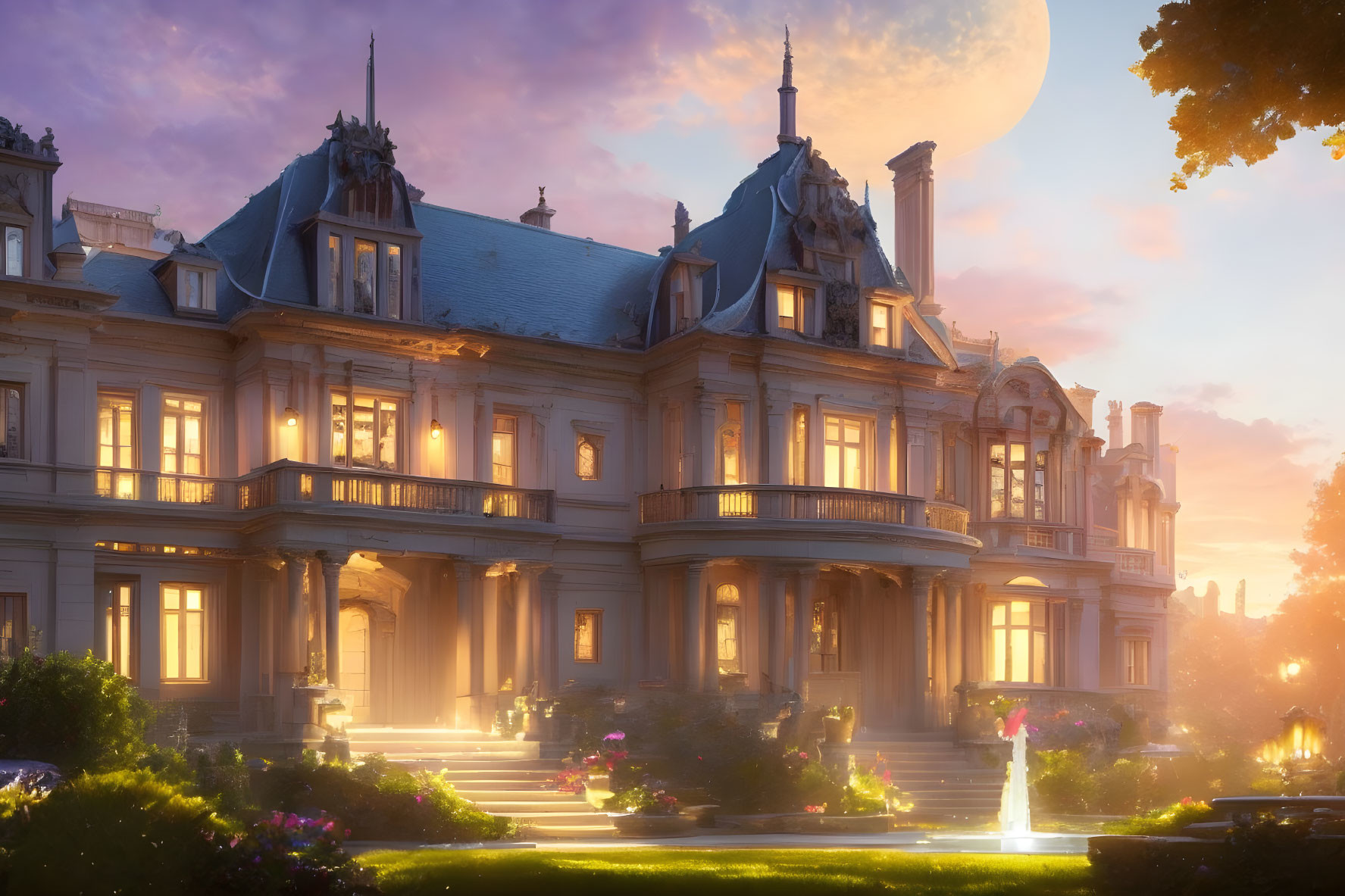 Luxurious mansion at twilight with warm lights, serene garden, fountain, large moon.