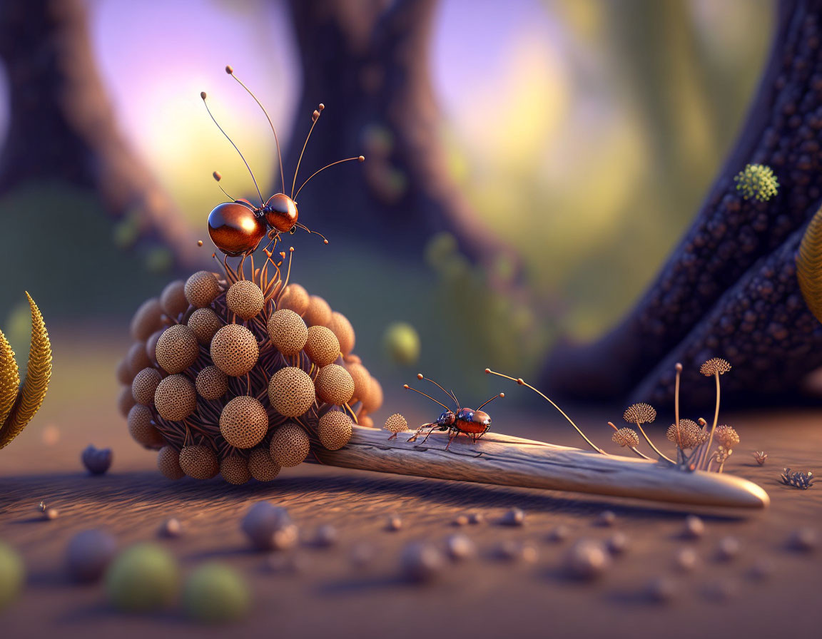 Whimsical 3D-rendered image of stylized ants on matchstick and dandelion