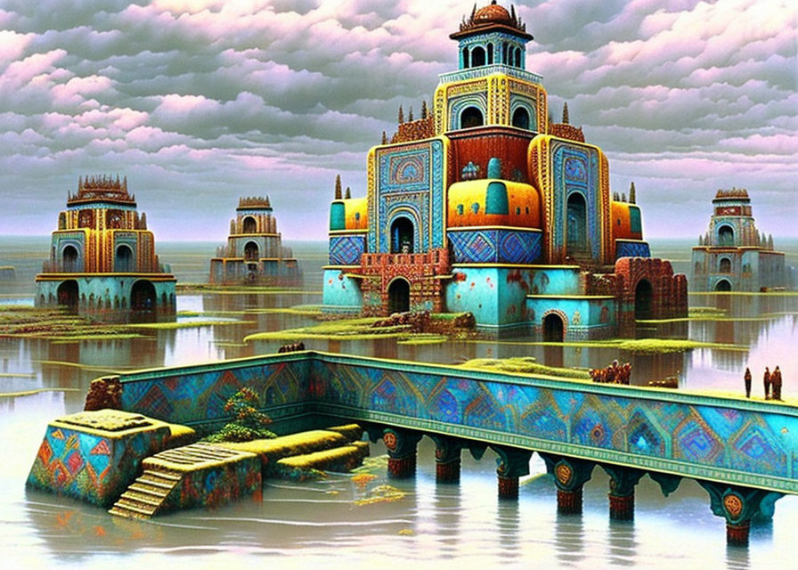 Ornate Palace Surrounded by Water and Bridge in Fantastical Setting