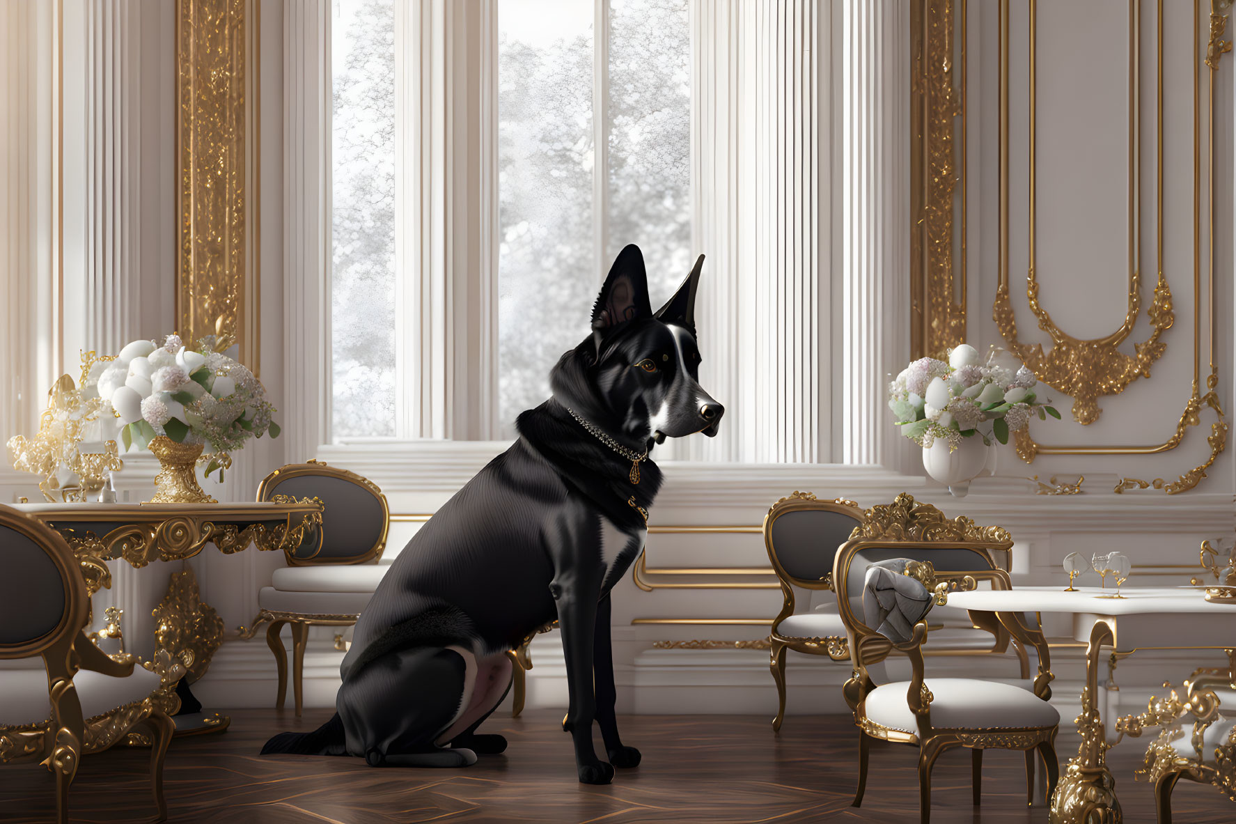 Black Dog in Opulent Room with Gold-Trimmed Furniture and Snowy Landscape View