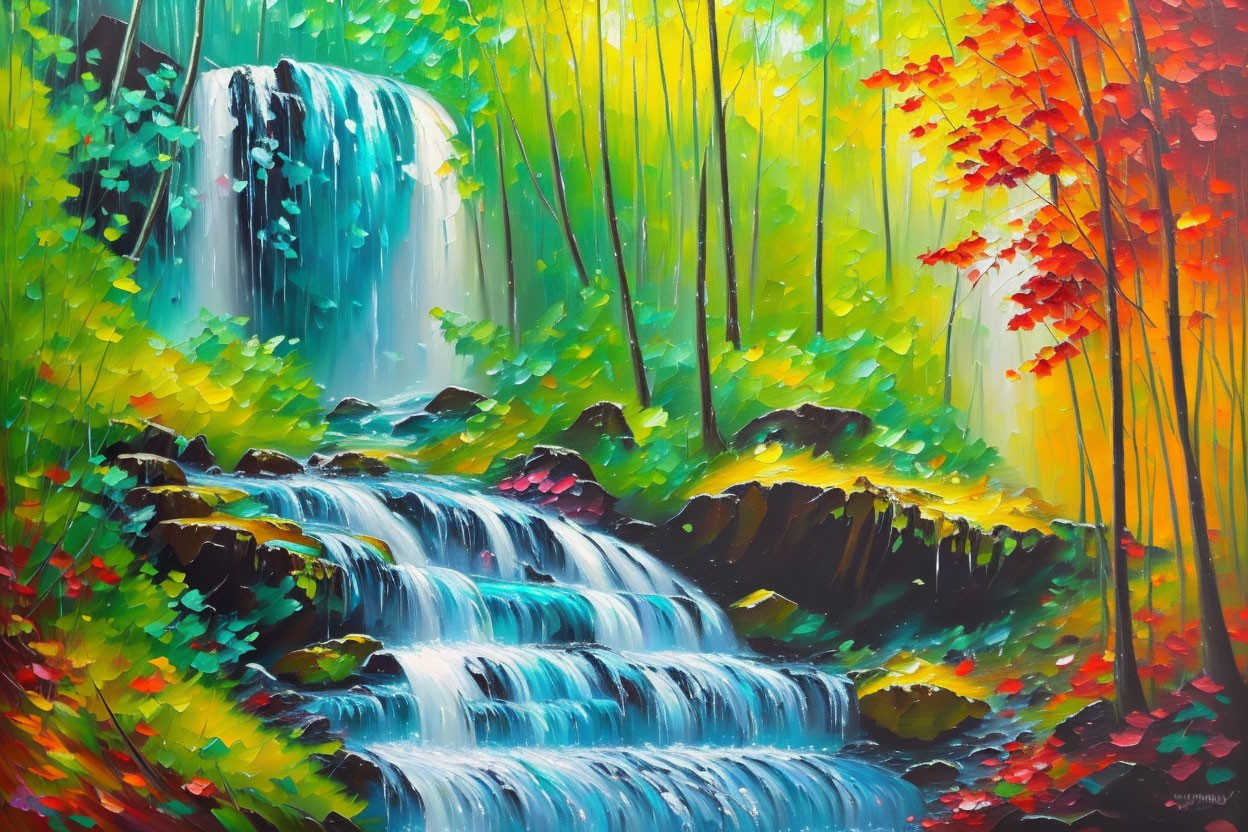 Colorful waterfall painting in lush forest with vibrant trees