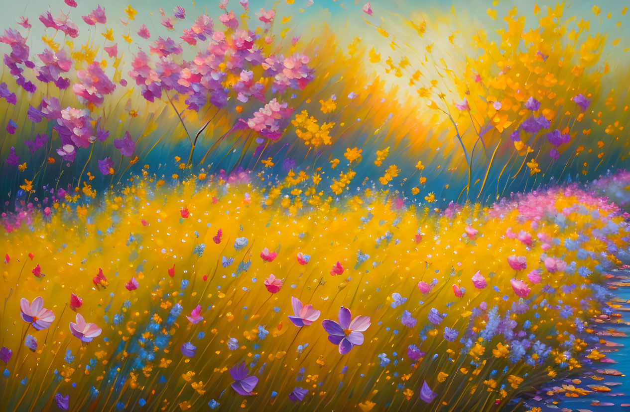 Colorful Wildflower Meadow Painting at Sunset