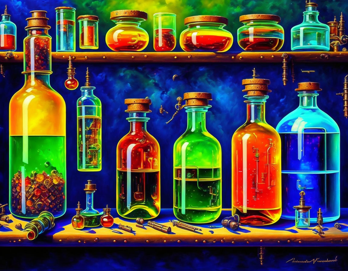 Colorful Glass Bottles and Jars Painting with Luminous Quality