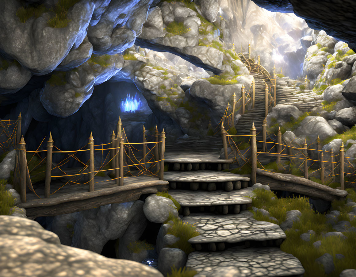 Fantasy cave with stone pathways, wooden bridges, natural light, greenery, and mysterious blue glow