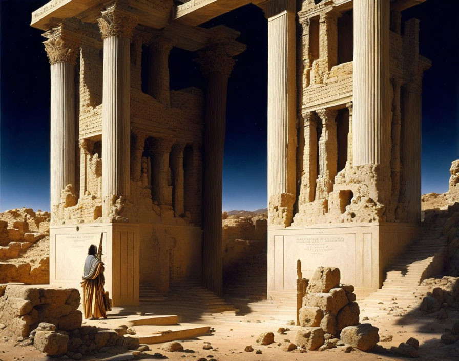 Historical figure in front of ancient temple ruins under blue sky