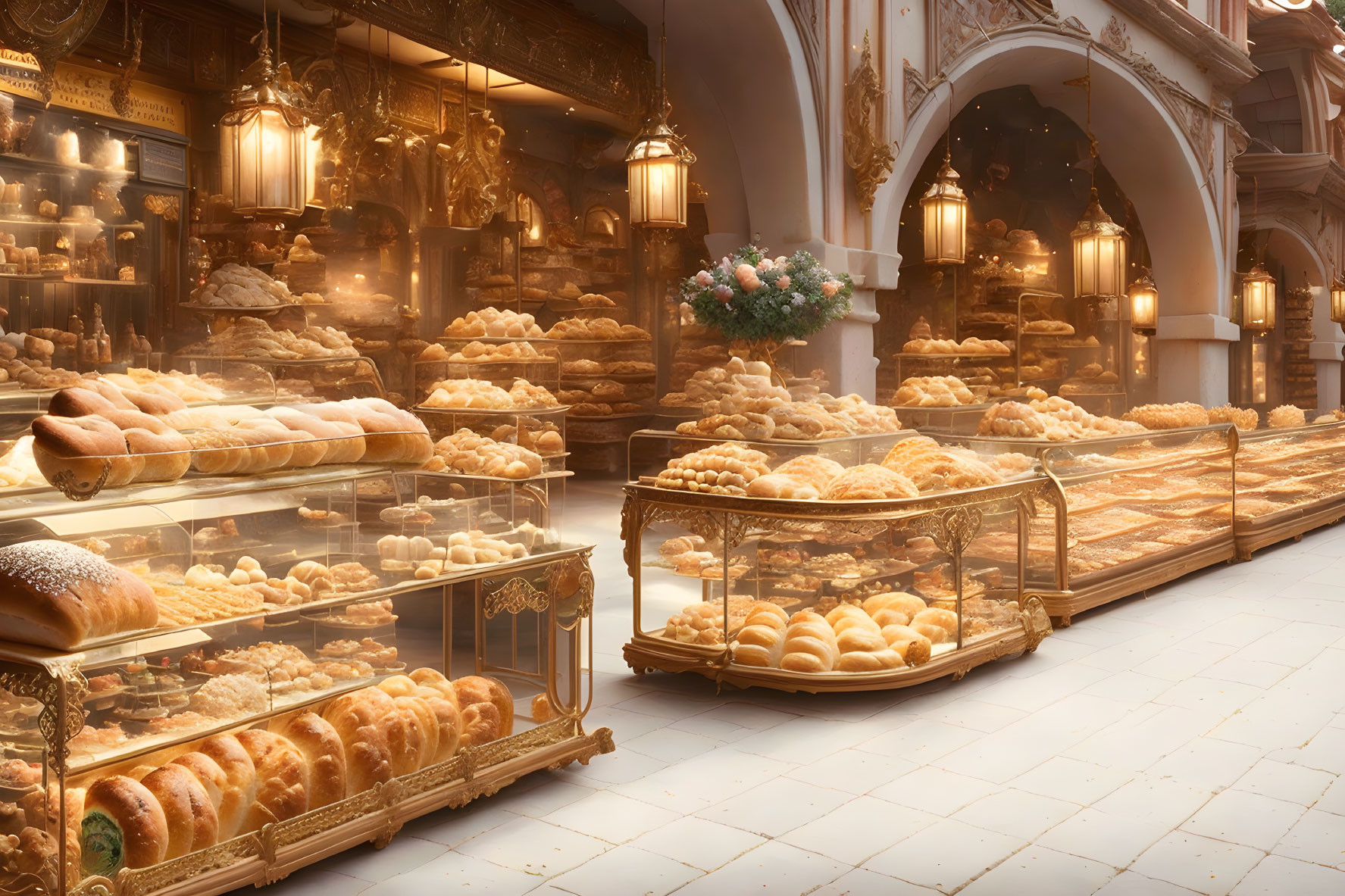 Elegant bakery interior with glass display cases of fresh bread and pastries