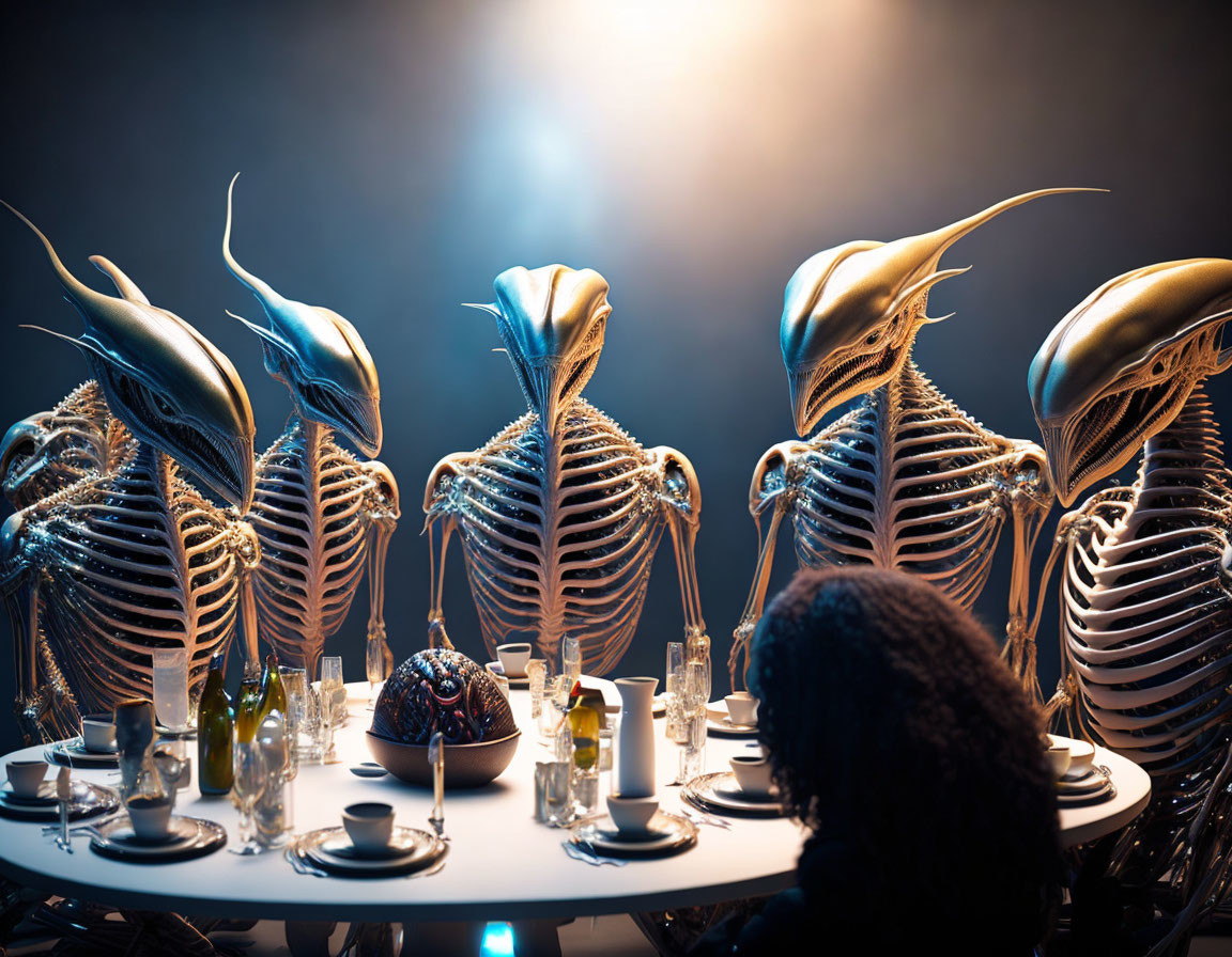 Alien creatures at dinner table under dramatic lighting