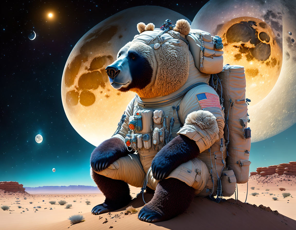 Astronaut bear in spacesuit on Martian landscape with moons and stars