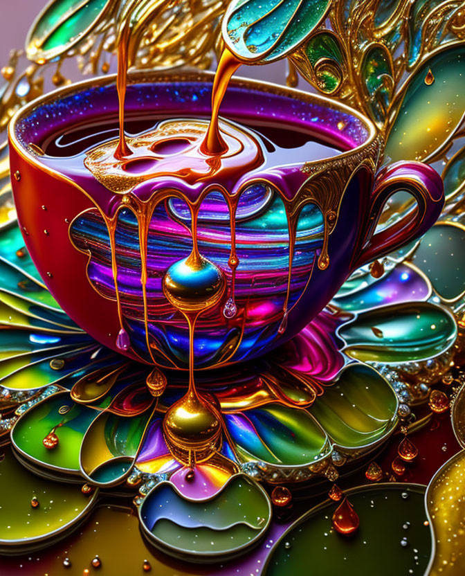 Colorful digital artwork: Cup with liquid gold, floral patterns, water beads