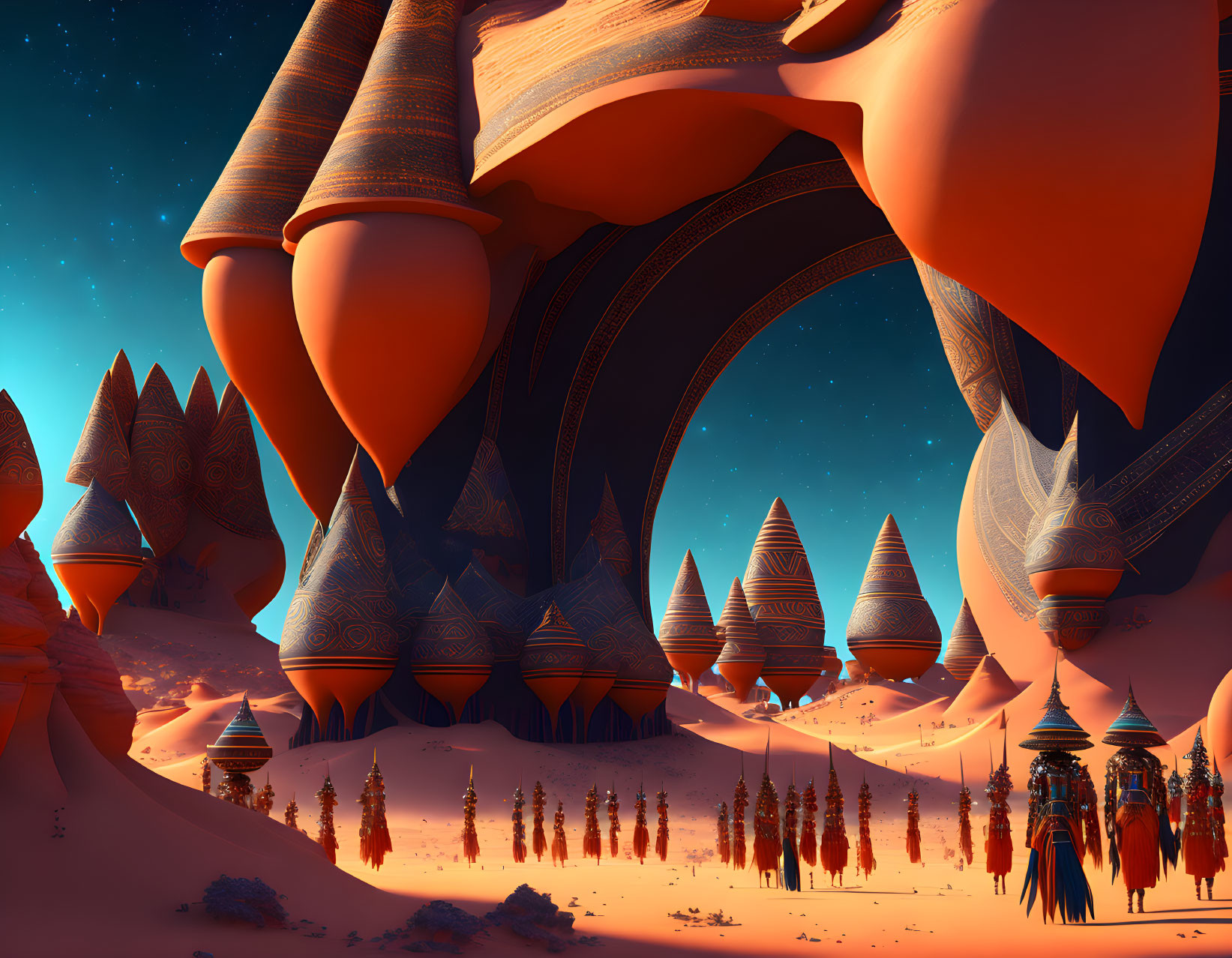 Fantastical desert landscape with alien-like structures and twilight sky