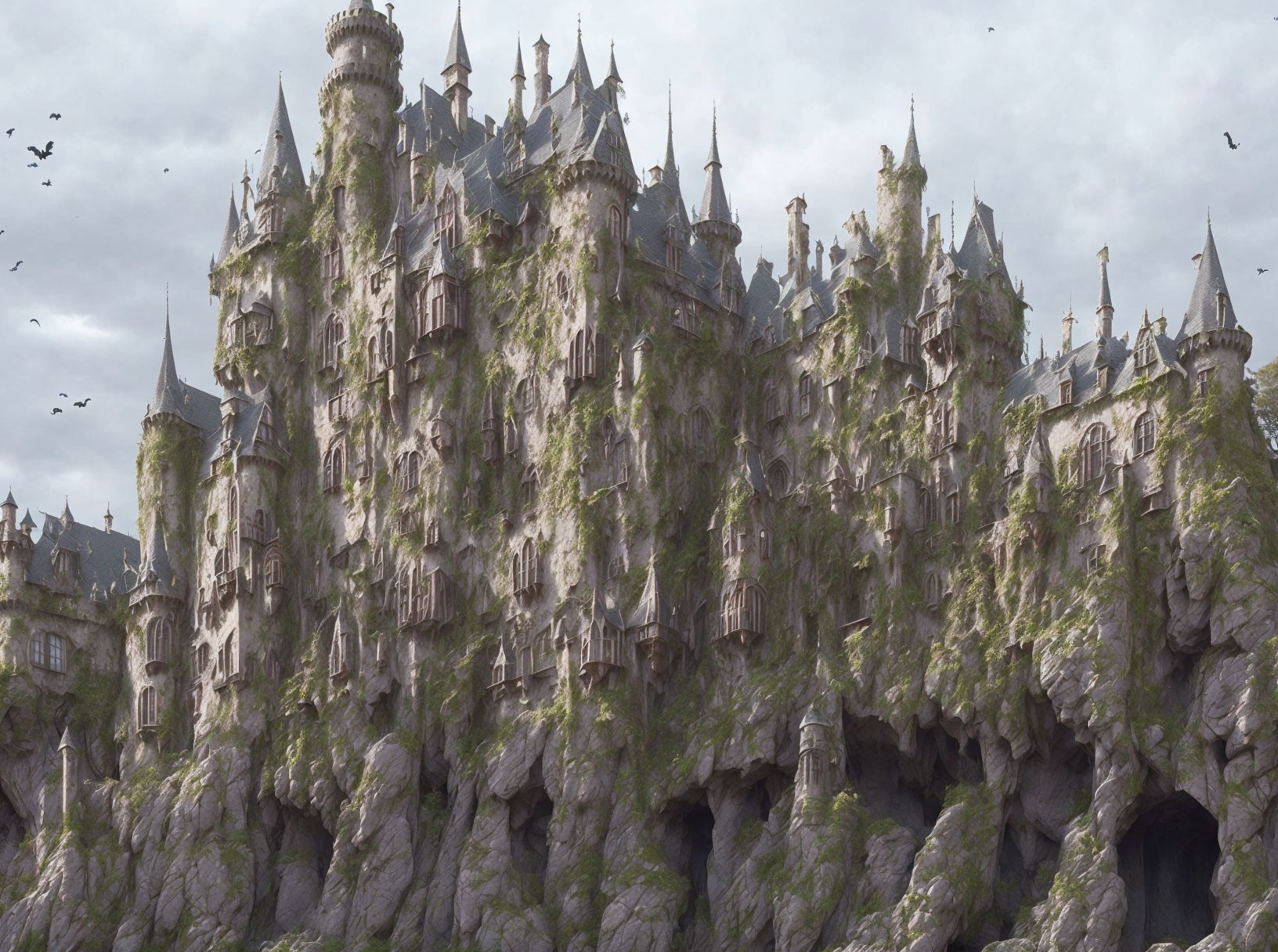 Majestic castle on rocky cliffs with spires and circling birds