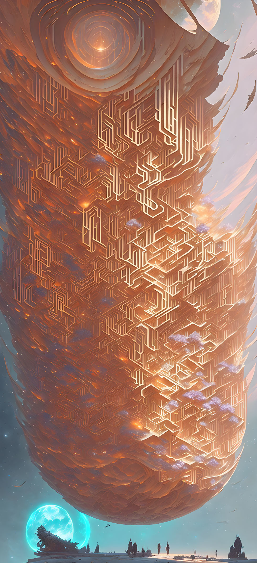 Futuristic tower with intricate patterns in surreal landscape